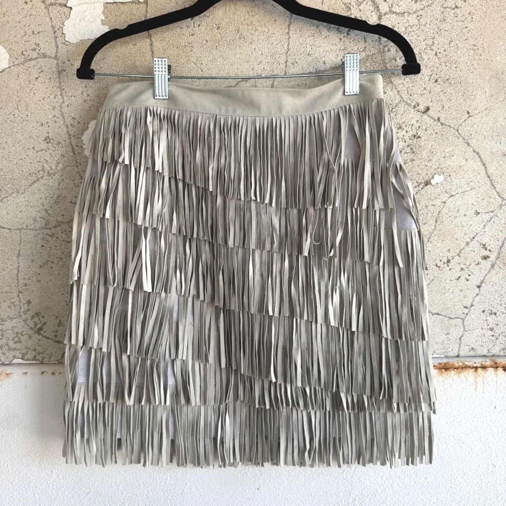 Fringe Mini Skirt Genuine Leather Tiered Western Boho White House Black Market 2